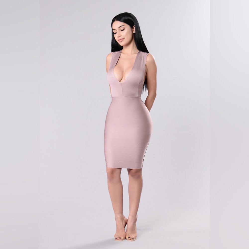 Fashion Nova Mauve Pink V-Neck Midi Bodycon Dress